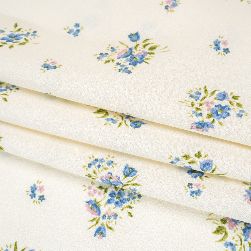 Sustainable Viscose Crepe Print - Steel Blue, Lilac Purple and Cream Floral - Designer Deadstock - Folded
