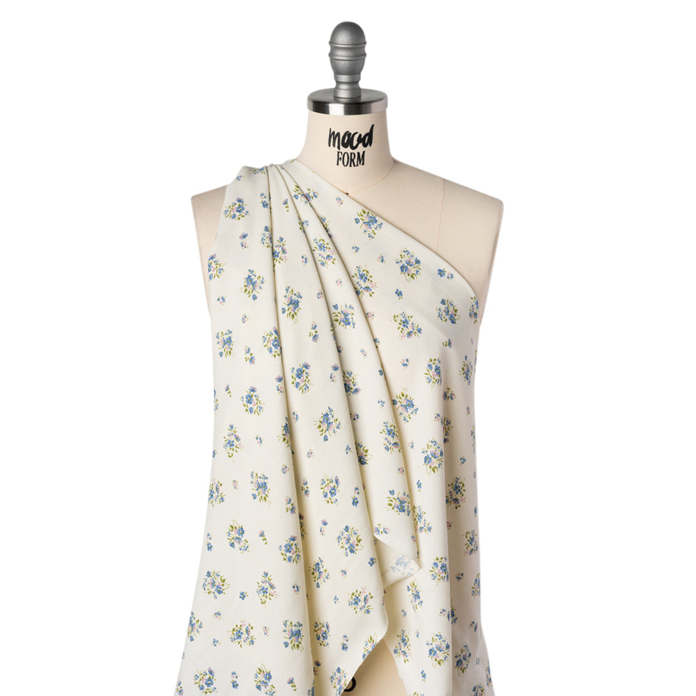 Sustainable Viscose Crepe Print - Steel Blue, Lilac Purple and Cream Floral - Designer Deadstock - Drape