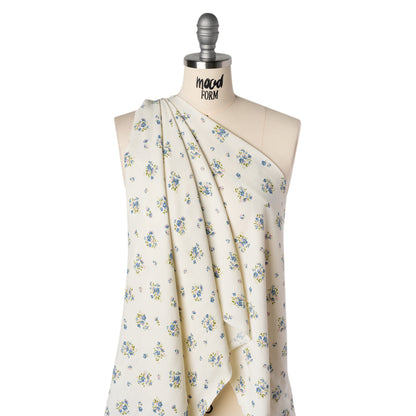 Sustainable Viscose Crepe Print - Steel Blue, Lilac Purple and Cream Floral - Designer Deadstock