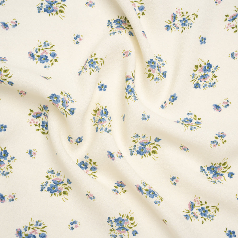 Sustainable Viscose Crepe Print - Steel Blue, Lilac Purple and Cream Floral - Designer Deadstock