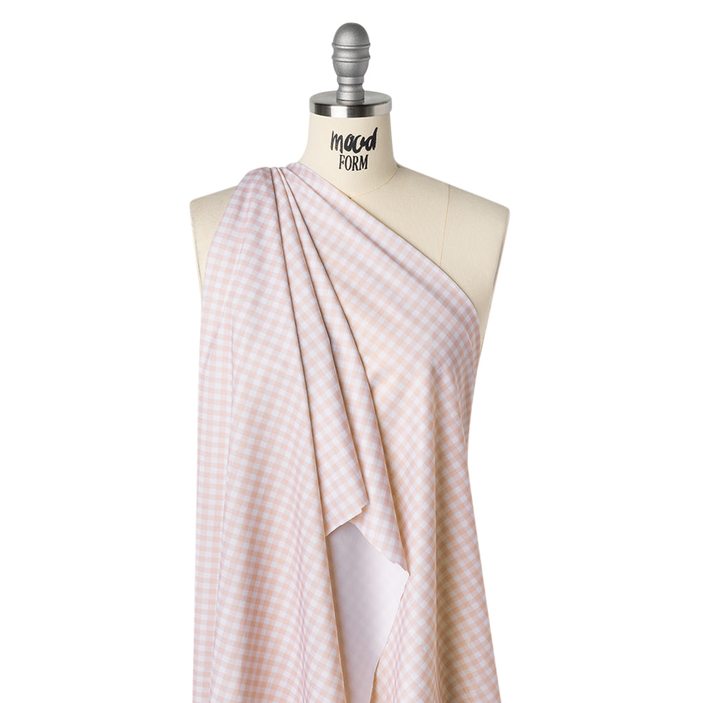 Stretch Econyl Nylon Jersey Print - Light Blush Pink Gingham - Designer Deadstock - Drape
