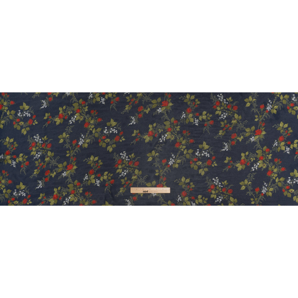 Viscose Georgette Print - Deep Midnight Blue, Dark Ruby Red and Jade Green Floral - Designer Deadstock - Full