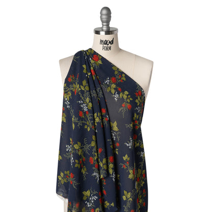 Viscose Georgette Print - Deep Midnight Blue, Dark Ruby Red and Jade Green Floral - Designer Deadstock