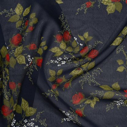 Viscose Georgette Print - Deep Midnight Blue, Dark Ruby Red and Jade Green Floral - Designer Deadstock