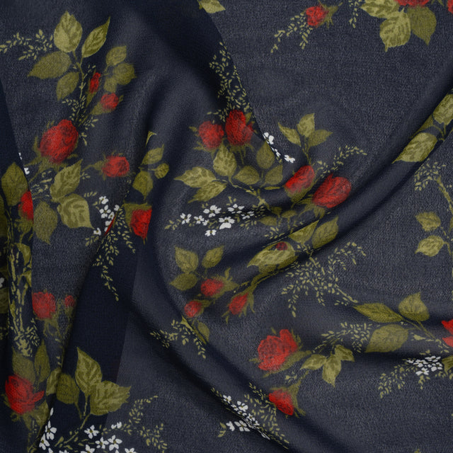 Viscose Georgette Print - Deep Midnight Blue, Dark Ruby Red and Jade Green Floral - Designer Deadstock