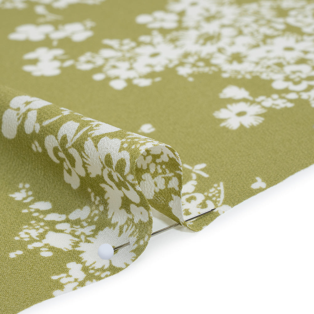 Viscose Georgette Print by The Reformation - Light Pistachio Green and White Floral - Deadstock - Detail