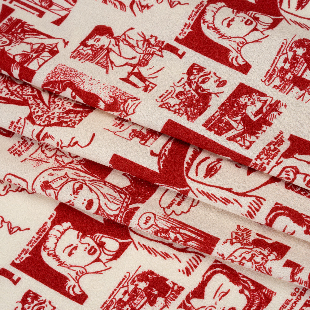 Sustainable Viscose Crepe Print - Lipstick Red and Cream Comic Book Illustration - Designer Deadstock - Folded