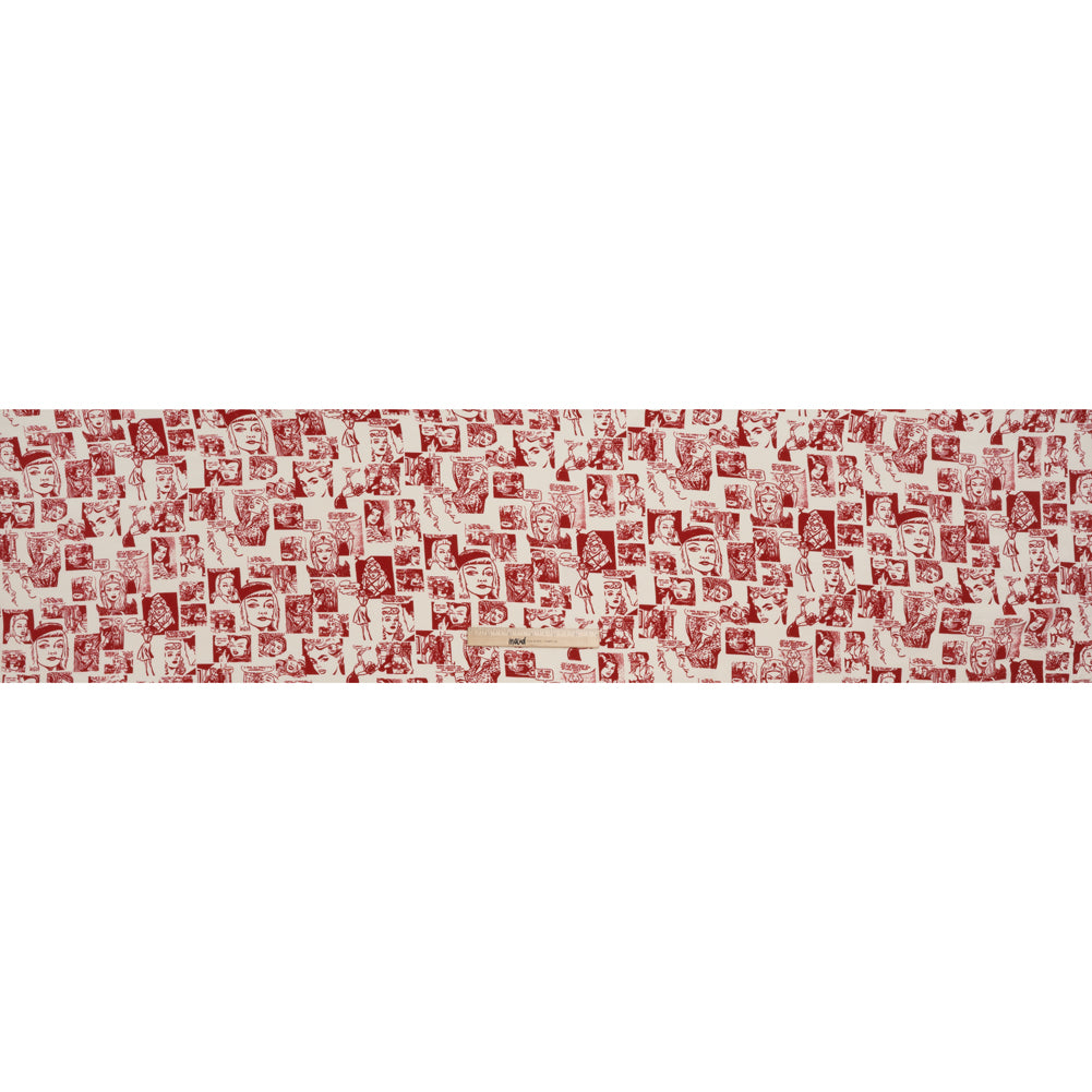 Sustainable Viscose Crepe Print - Lipstick Red and Cream Comic Book Illustration - Designer Deadstock - Full