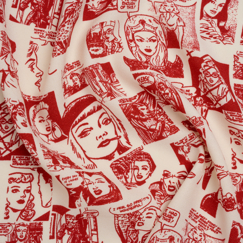 Sustainable Viscose Crepe Print - Lipstick Red and Cream Comic Book Illustration - Designer Deadstock
