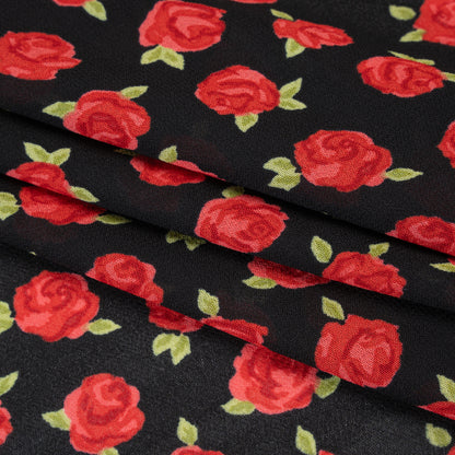 Viscose Georgette Print - Crimson Red and Black Rose Floral - Designer Deadstock