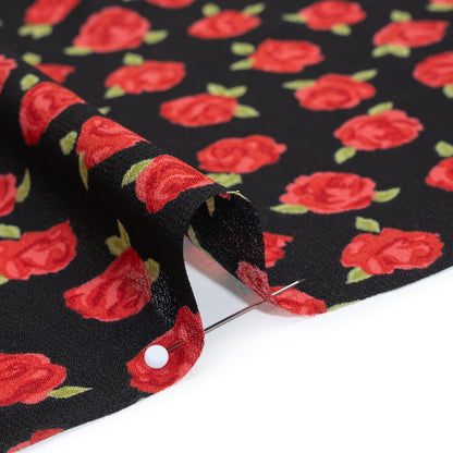 Viscose Georgette Print - Crimson Red and Black Rose Floral - Designer Deadstock