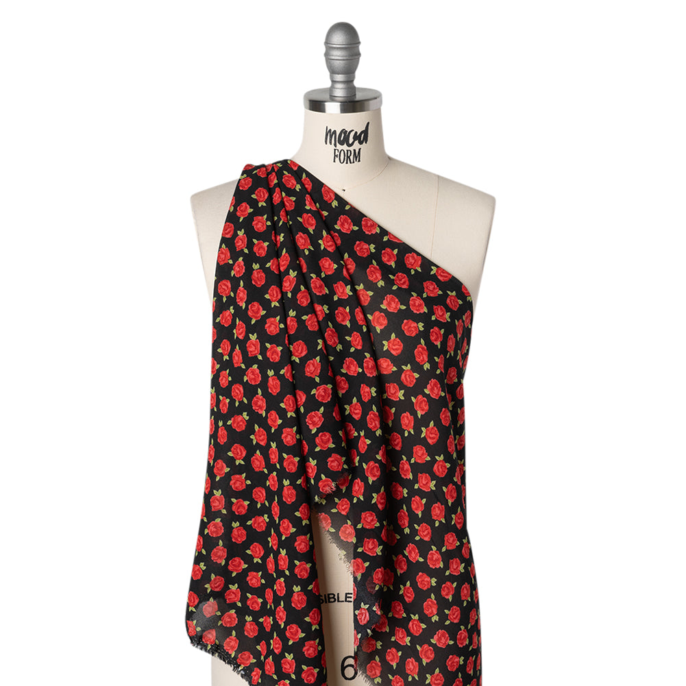 Viscose Georgette Print - Crimson Red and Black Rose Floral - Designer Deadstock - Drape