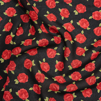 Viscose Georgette Print - Crimson Red and Black Rose Floral - Designer Deadstock