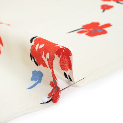 Viscose Georgette Print - Vivid Coral Red, Cornflower Blue and Cream Floral - Designer Deadstock