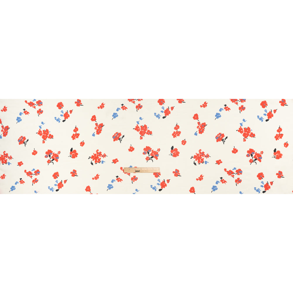 Viscose Georgette Print - Vivid Coral Red, Cornflower Blue and Cream Floral - Designer Deadstock - Full