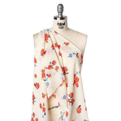 Viscose Georgette Print - Vivid Coral Red, Cornflower Blue and Cream Floral - Designer Deadstock