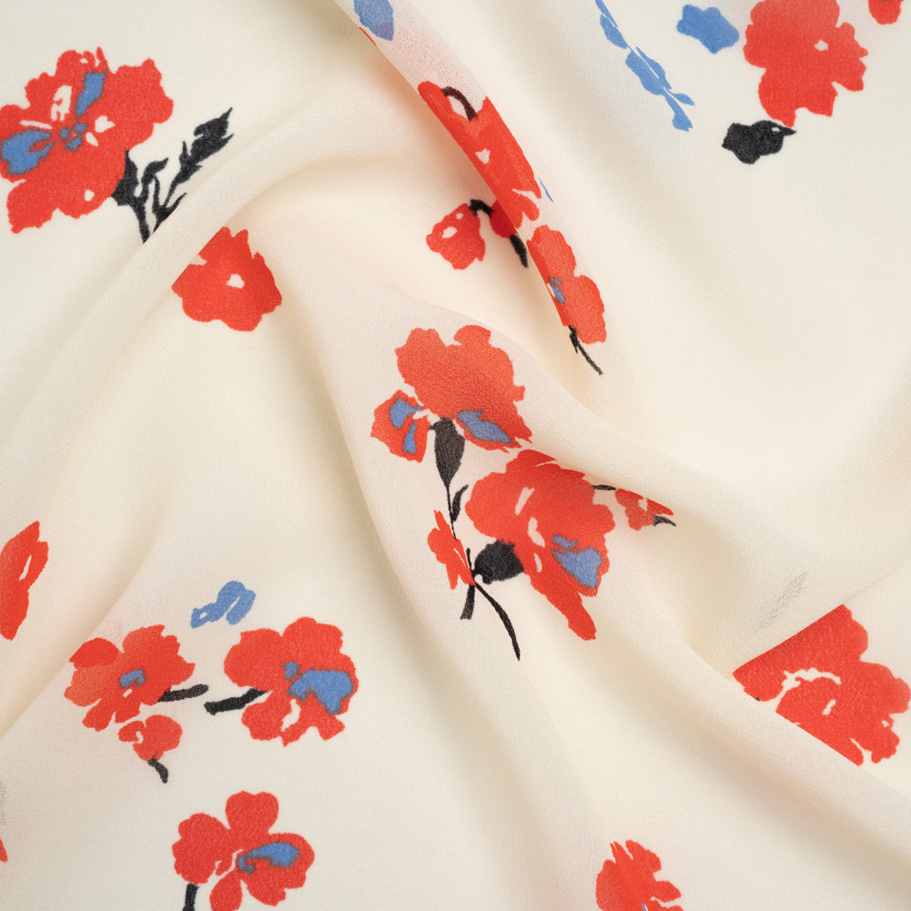 Viscose Georgette Print - Vivid Coral Red, Cornflower Blue and Cream Floral - Designer Deadstock