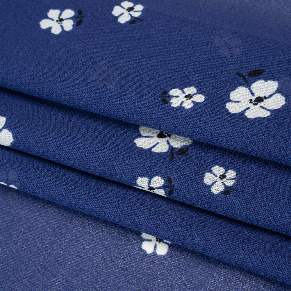 Viscose Georgette Print by The Reformation -Navy Blue and White Floral - Deadstock - Folded