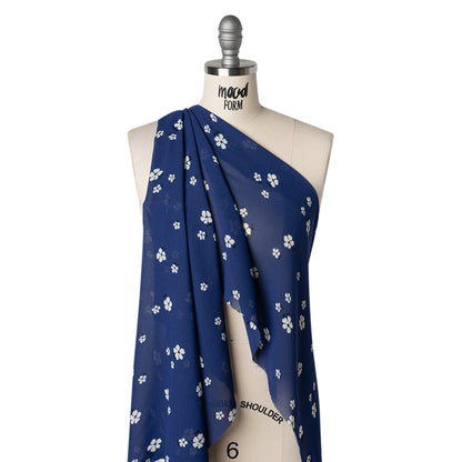 Viscose Georgette Print by The Reformation -Navy Blue and White Floral - Deadstock