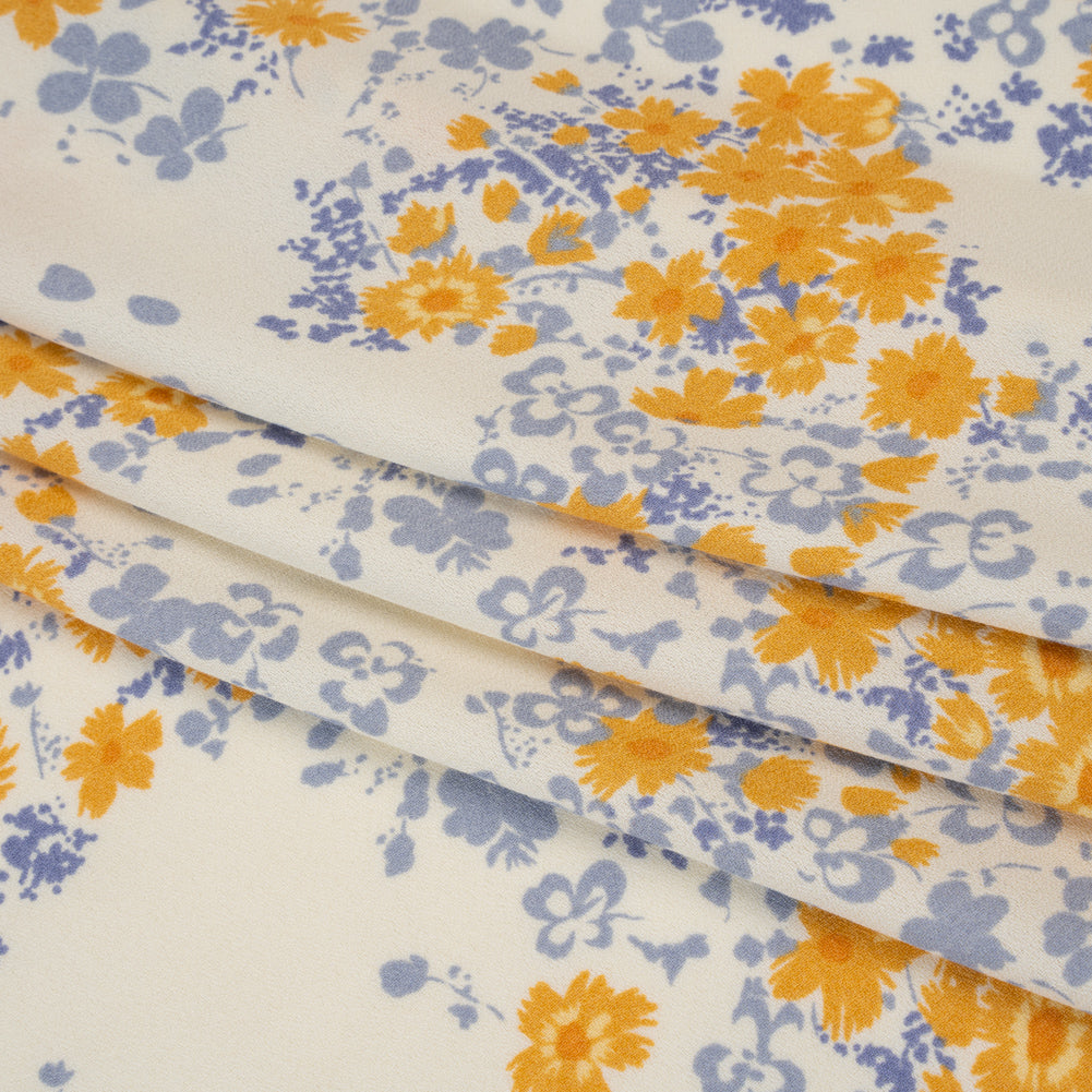 Sustainable Viscose Crepe Print - Golden Yellow, Powder Blue and Cream Floral - Designer Deadstock - Folded