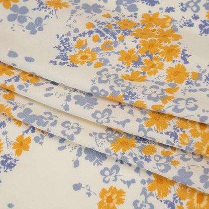 Sustainable Viscose Crepe Print - Golden Yellow, Powder Blue and Cream Floral - Designer Deadstock