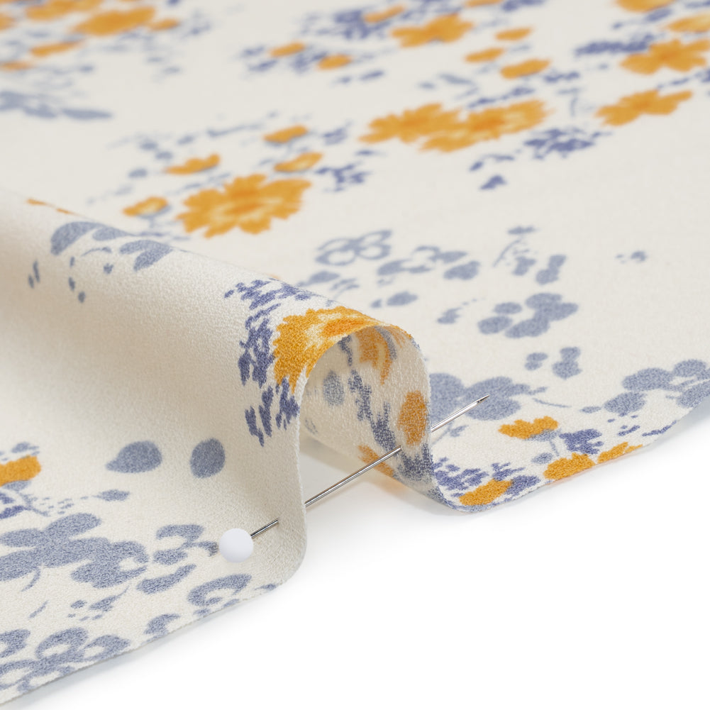 Sustainable Viscose Crepe Print - Golden Yellow, Powder Blue and Cream Floral - Designer Deadstock - Detail