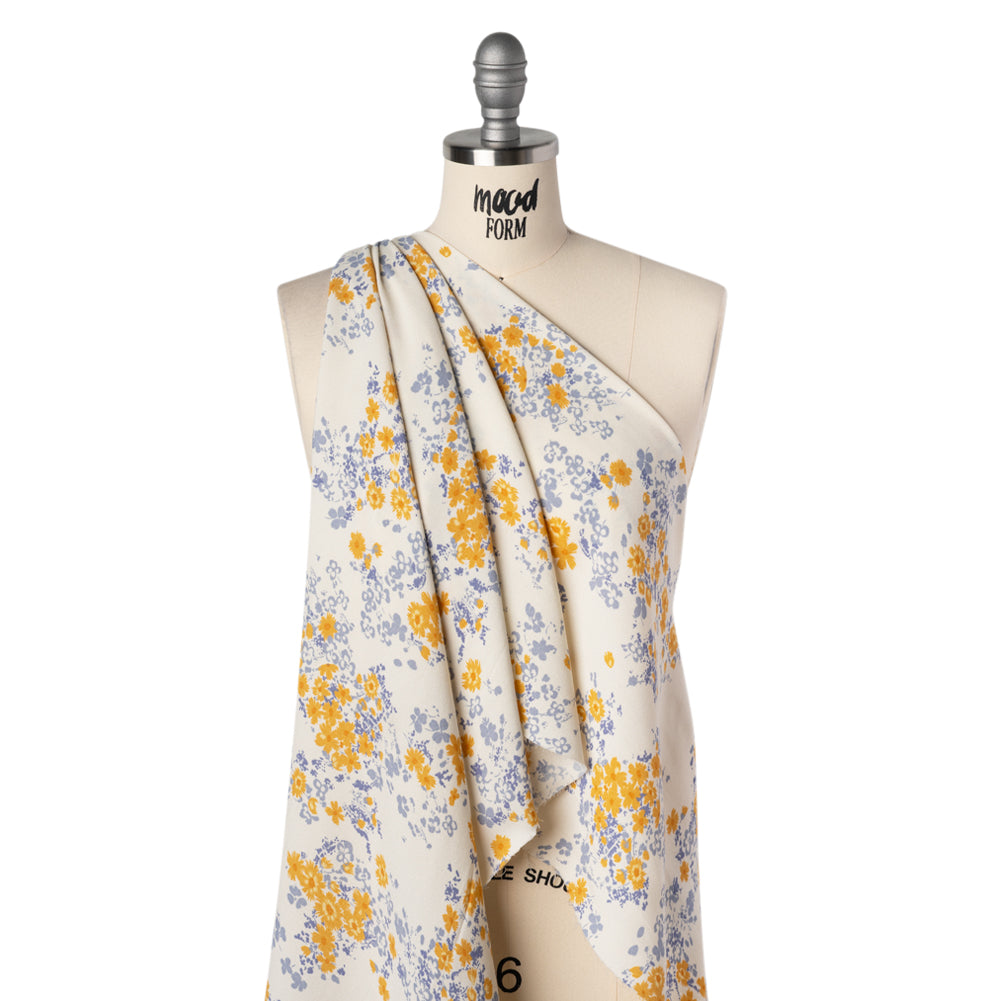 Sustainable Viscose Crepe Print - Golden Yellow, Powder Blue and Cream Floral - Designer Deadstock - Drape