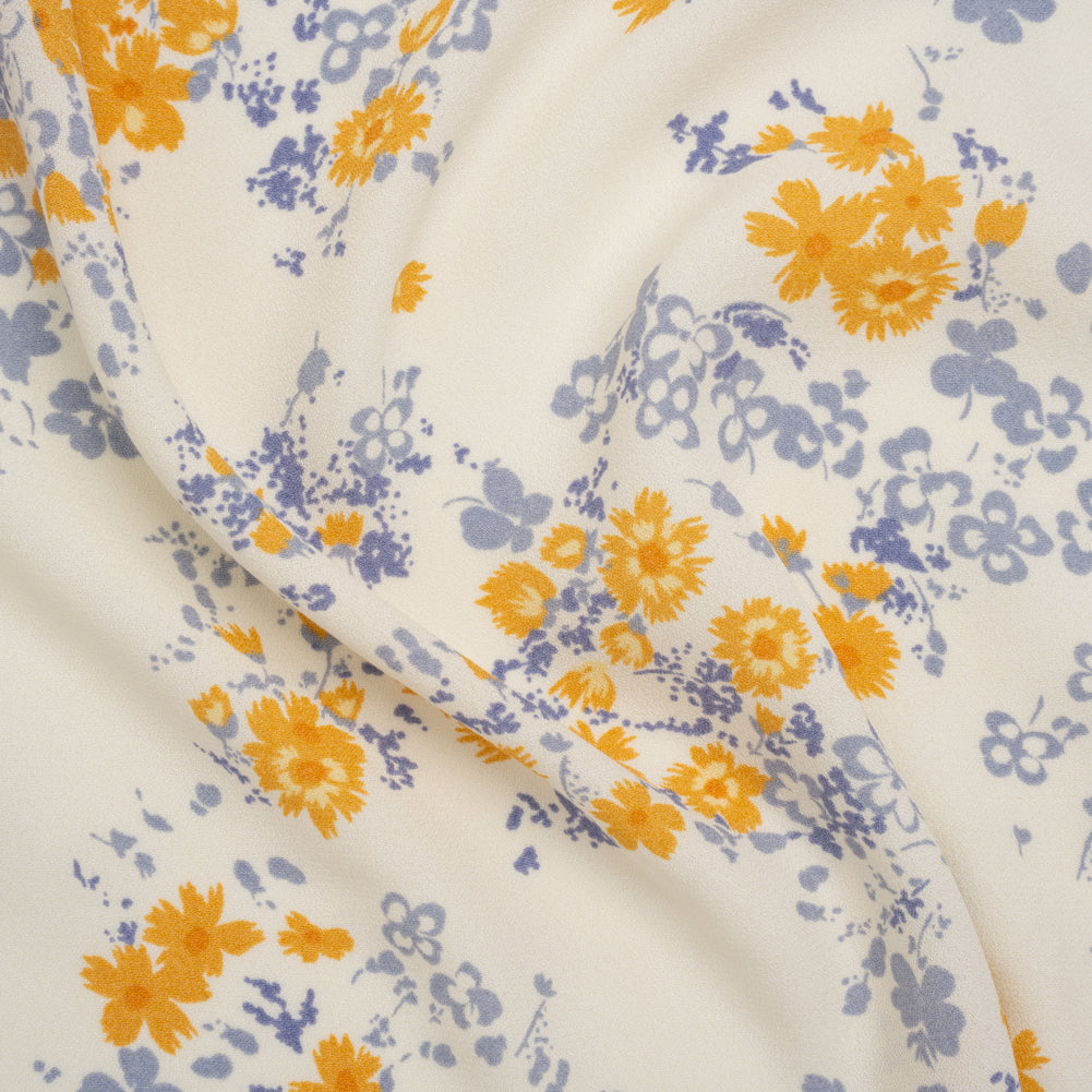 Sustainable Viscose Crepe Print - Golden Yellow, Powder Blue and Cream Floral - Designer Deadstock