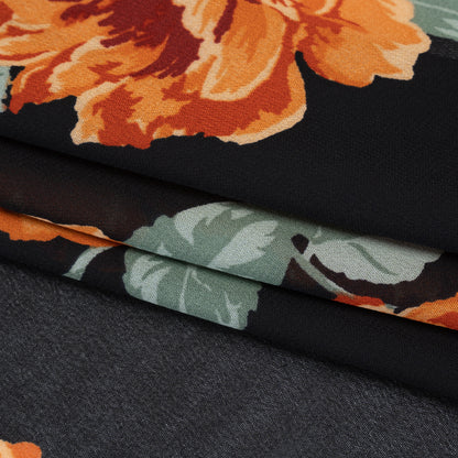 Viscose Georgette Print by The Reformation - Vivid Orange, Burgundy Red and Black Floral - Deadstock