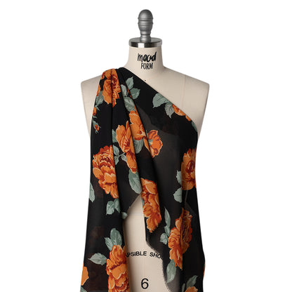Viscose Georgette Print by The Reformation - Vivid Orange, Burgundy Red and Black Floral - Deadstock