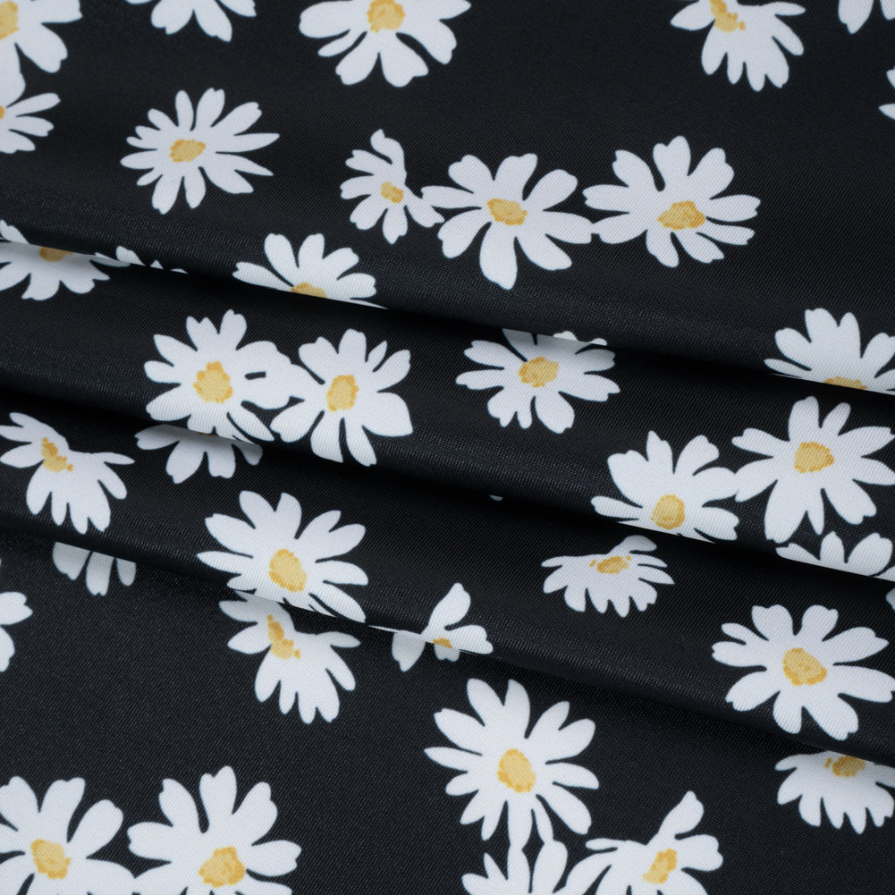 Stretch Econyl Nylon Jersey Print - Sun Gold Yellow, White and Black Daisy Floral - Designer Deadstock - Folded