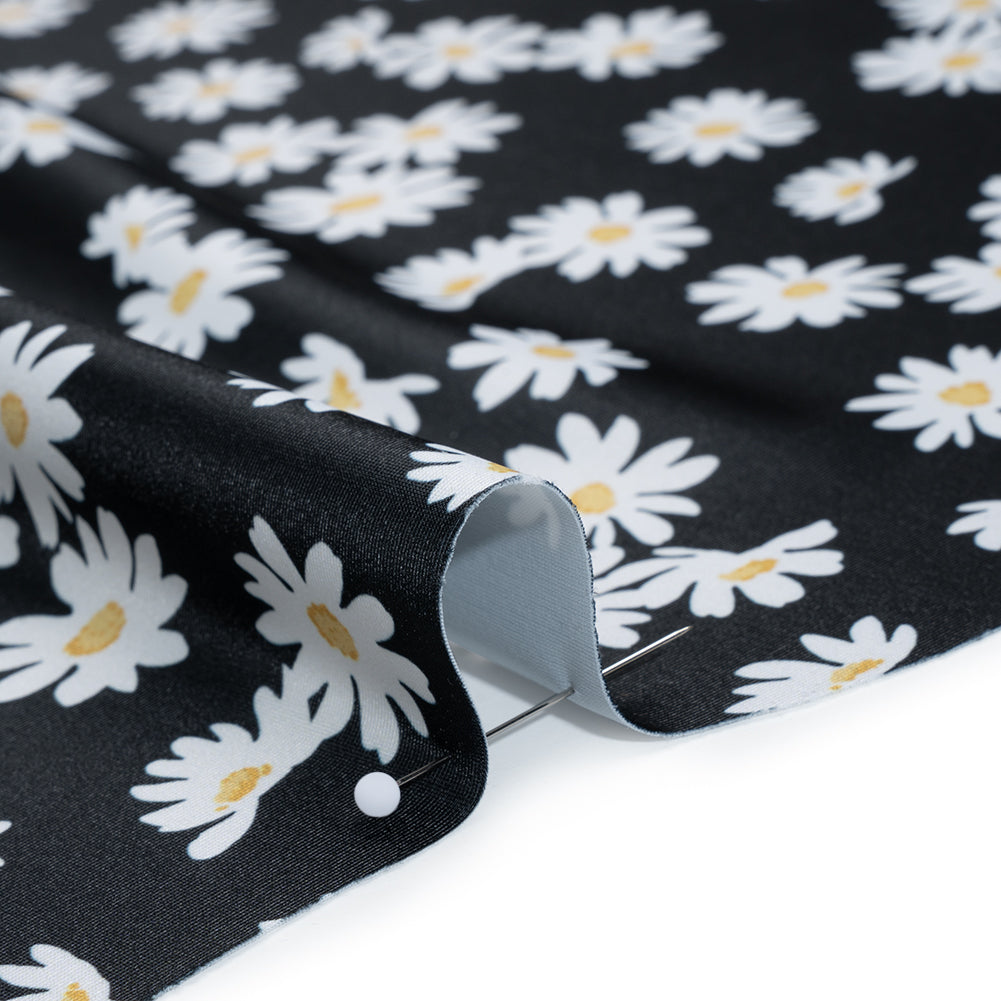 Stretch Econyl Nylon Jersey Print - Sun Gold Yellow, White and Black Daisy Floral - Designer Deadstock - Detail