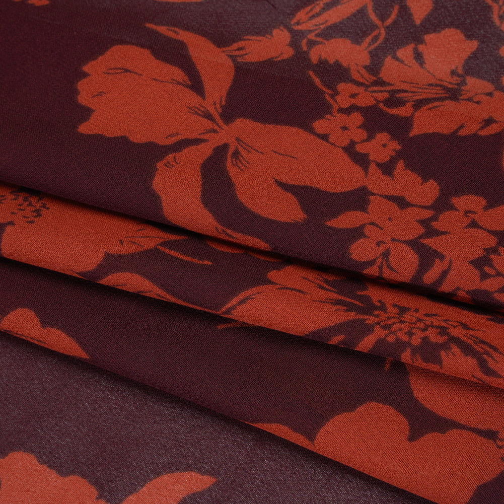 Viscose Georgette Print by The Reformation - Deep Scarlet Red and Mulberry Purple Floral - Deadstock - Folded