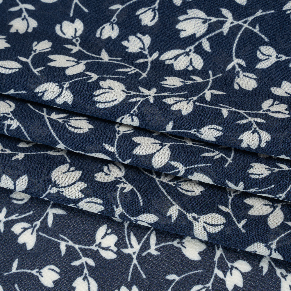 Viscose Georgette Print by The Reformation - Midnight Blue and White Wispy Floral - Deadstock - Folded