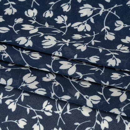 Viscose Georgette Print by The Reformation - Midnight Blue and White Wispy Floral - Deadstock