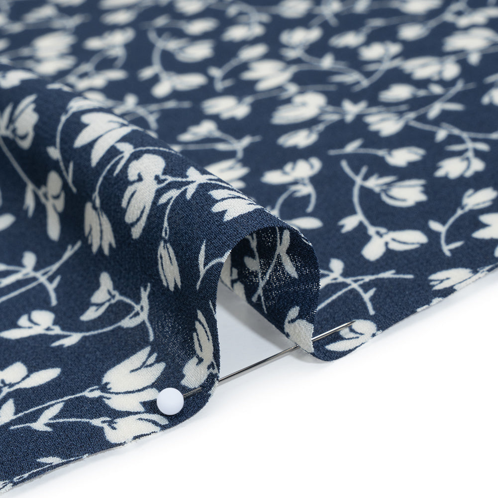 Viscose Georgette Print by The Reformation - Midnight Blue and White Wispy Floral - Deadstock - Detail