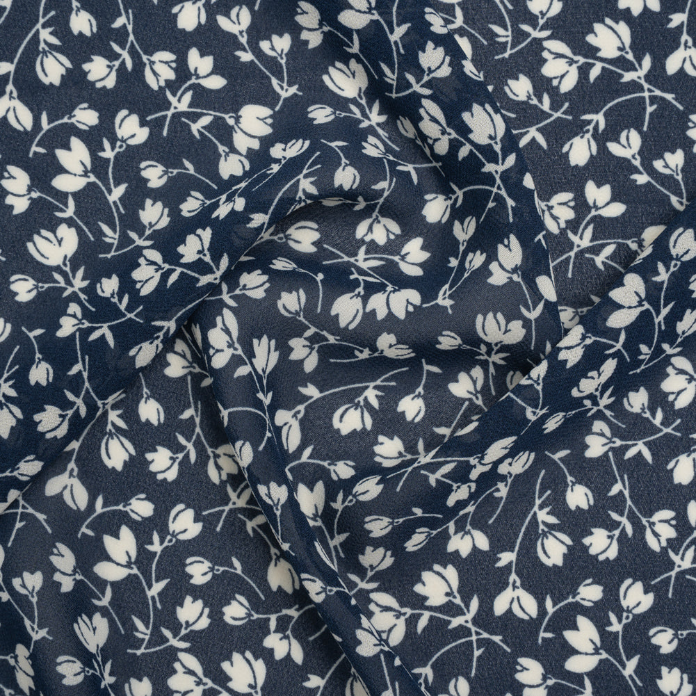 Viscose Georgette Print by The Reformation - Midnight Blue and White Wispy Floral - Deadstock