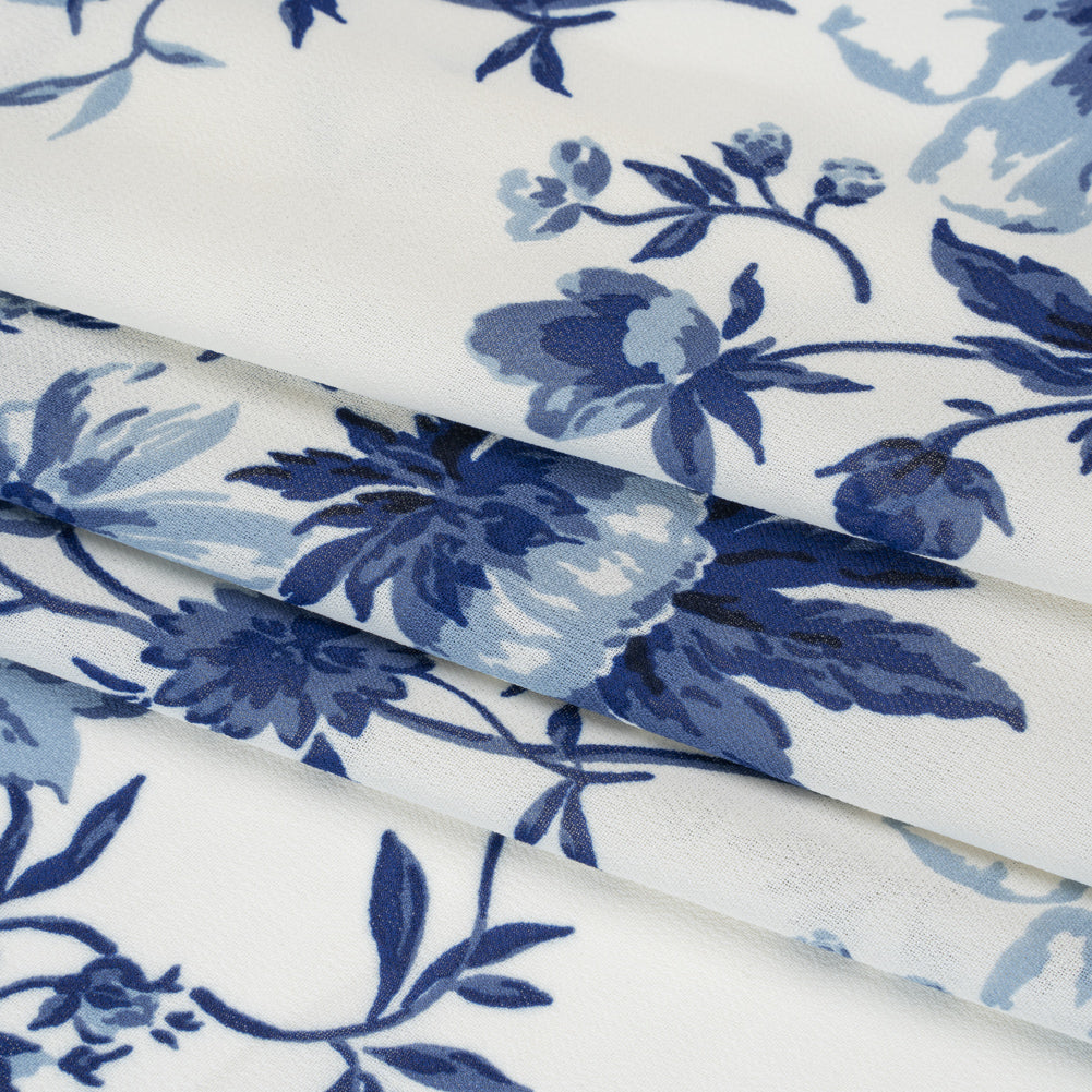 Viscose Georgette Print by The Reformation - Royal Blue and Off White Floral - Deadstock - Folded