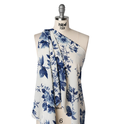 Viscose Georgette Print by The Reformation - Royal Blue and Off White Floral - Deadstock