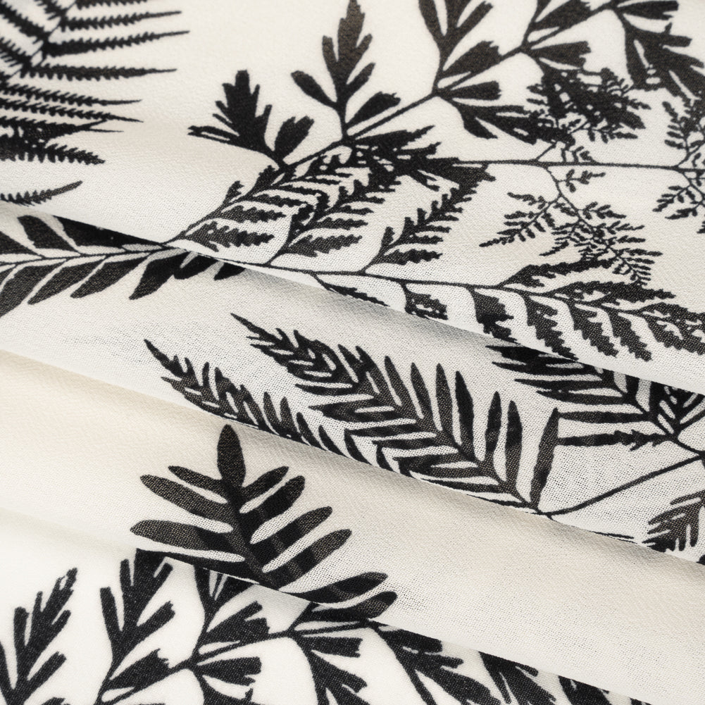 Viscose Georgette Print - Soft Black and Light Cream Foliage - Designer Deadstock - Folded