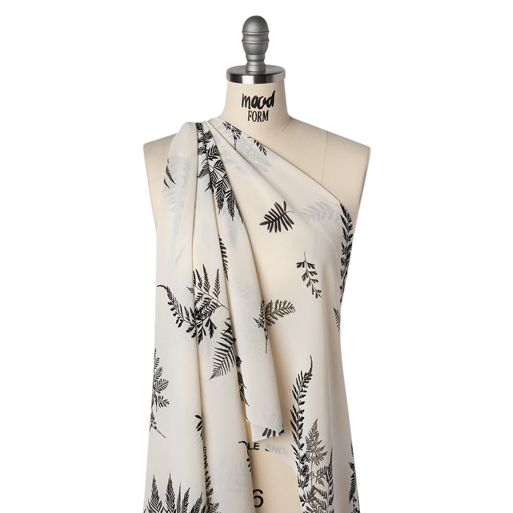 Viscose Georgette Print - Soft Black and Light Cream Foliage - Designer Deadstock - Drape