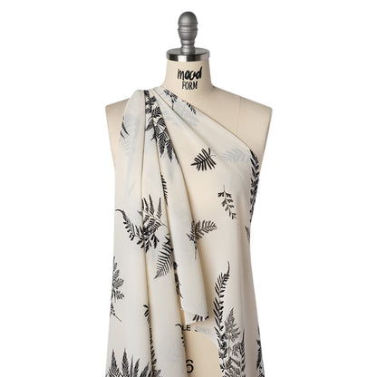 Viscose Georgette Print - Soft Black and Light Cream Foliage - Designer Deadstock