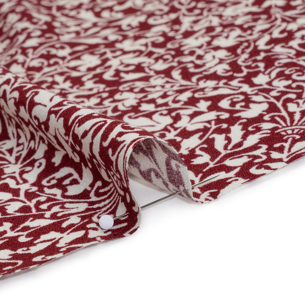 Sustainable Viscose Crepe Print by The Reformation - Deep Ruby Red and White Victorian Foliage - Deadstock - Detail