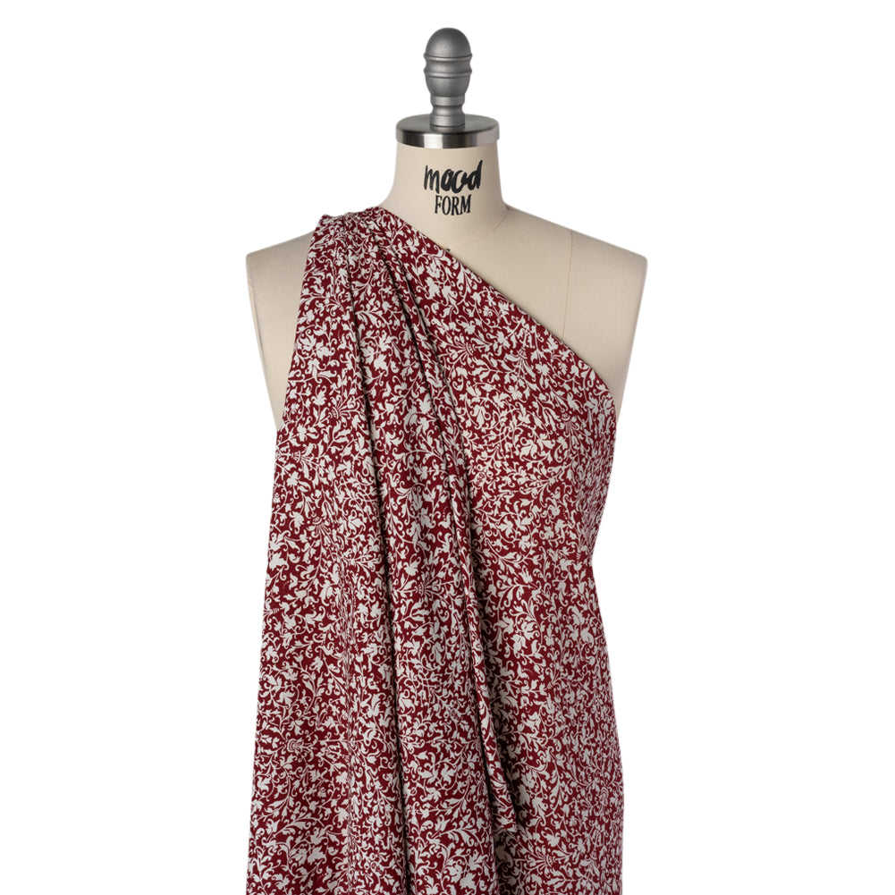 Sustainable Viscose Crepe Print by The Reformation - Deep Ruby Red and White Victorian Foliage - Deadstock - Drape