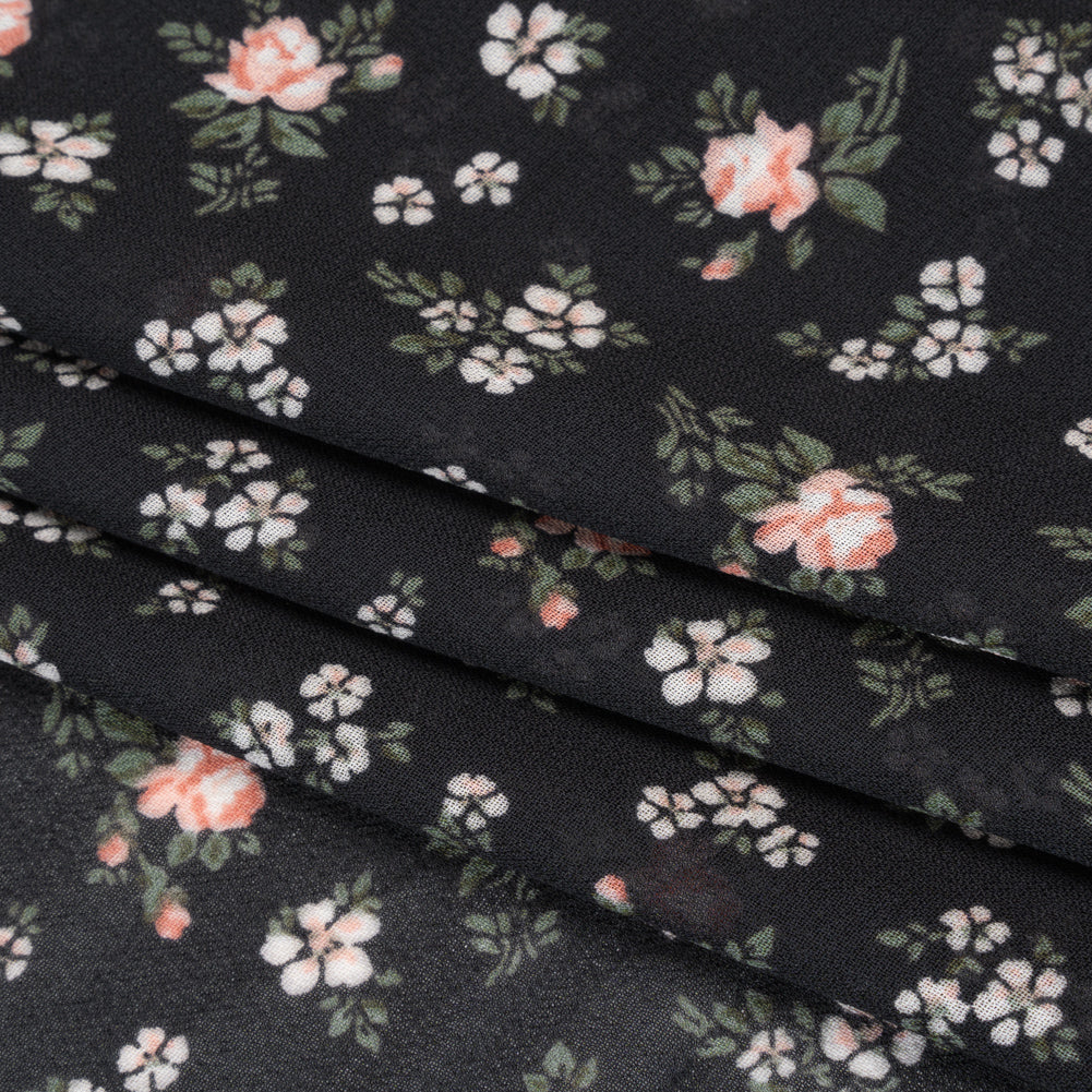 Viscose Georgette Print - Soft Pink, Forest Green and Black Floral - Designer Deadstock - Folded