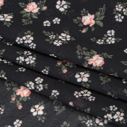 Viscose Georgette Print - Soft Pink, Forest Green and Black Floral - Designer Deadstock