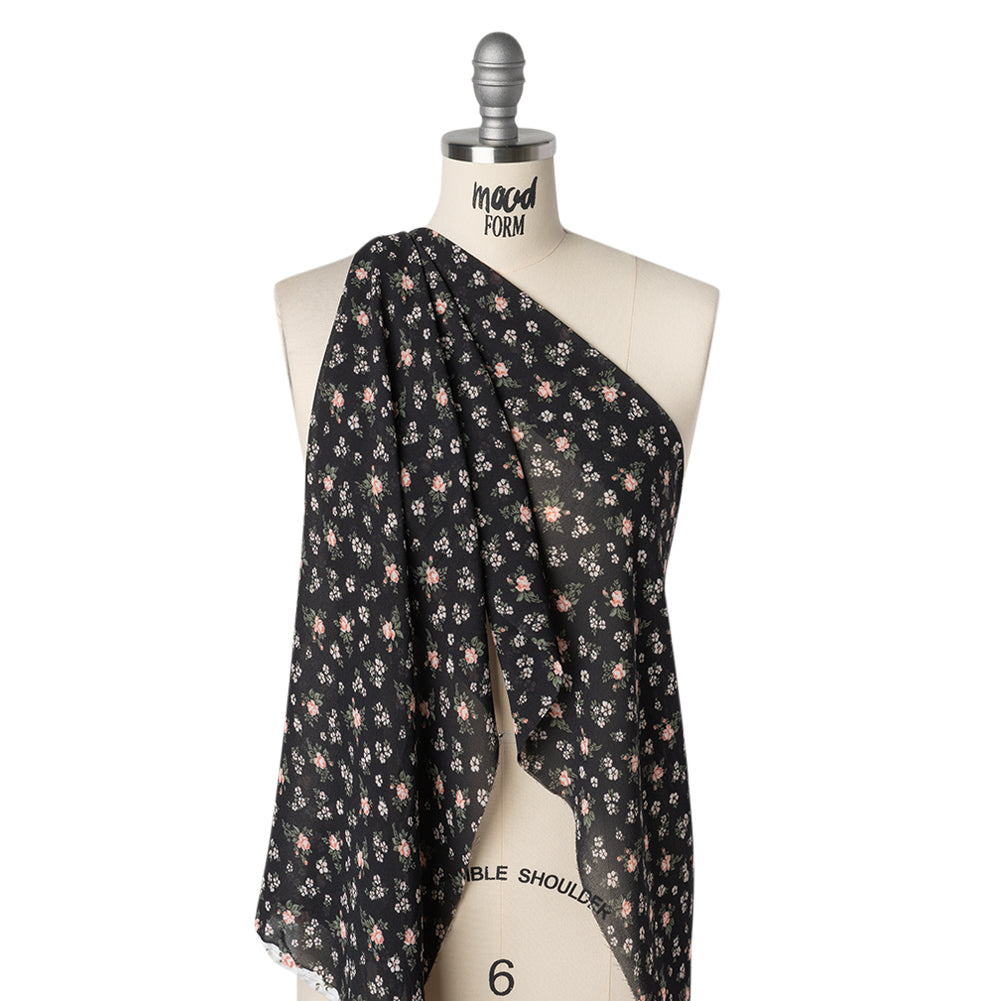 Viscose Georgette Print - Soft Pink, Forest Green and Black Floral - Designer Deadstock - Drape