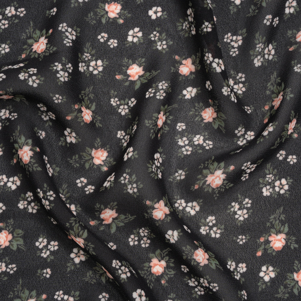 Viscose Georgette Print - Soft Pink, Forest Green and Black Floral - Designer Deadstock