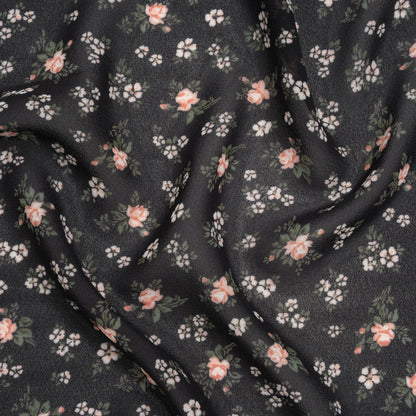 Viscose Georgette Print - Soft Pink, Forest Green and Black Floral - Designer Deadstock