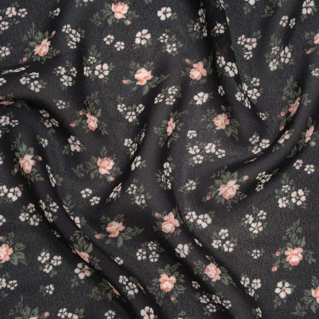 Viscose Georgette Print - Soft Pink, Forest Green and Black Floral - Designer Deadstock